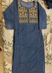 Neck Embroided Denim Cotton Kurti