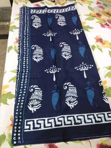 Navy &amp; White Printed Malai Cotton Saree