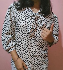 Polka Dot Tie-Neck Blouse