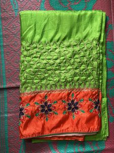 Orange and Green Embroidered Saree