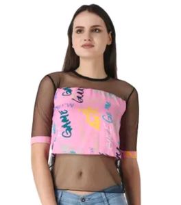 Pink Graphic Mesh Crop Top