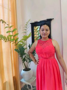 Elegant Coral Maxi Dress with Lace Detail
