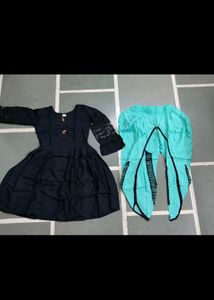 Black Anarkali Kurti with Turquoise Tulip Pants
