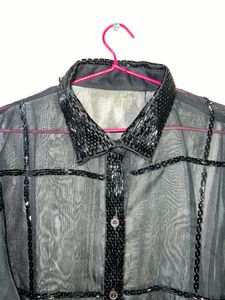 Black Transparent Shirt With Heavy Bead Work