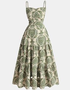 Green & Beige Damask Tiered Maxi Dress Backless