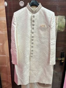Mens White Sherwani With Red Velvet Dhoti