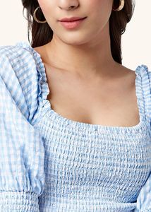 Light Blue Checked Calf Length Casual Women Slim F