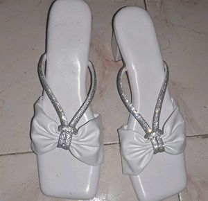 White Rhinestone Bow Heel Sandals