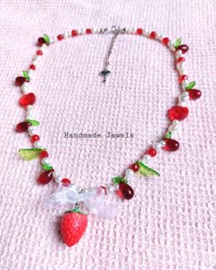 Custom Strawberry Charm Bow Beaded Necklace