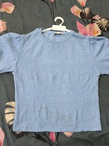 Light Blue Puff Sleeve Top Made In Turkey