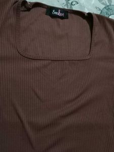 Brown Ribbed Square Neck Top