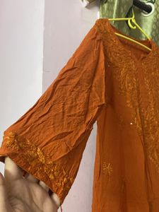 Rust Orange Rayon Mukaish Chikankari Kurta