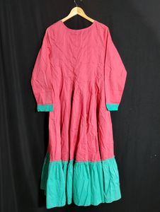 Ajio Coral Pink And Green Printed Umbrella Kurti