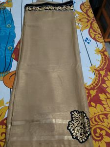 Golden Colour Saree With Blue Colour Velvet Border