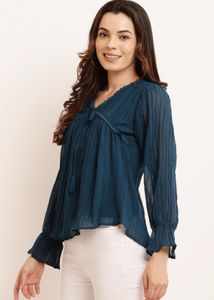 Teal Tie-Neck Pleated Top