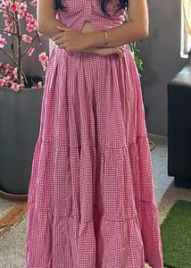Pink &amp; white Gingham check Tiered Maxi women &amp; gir