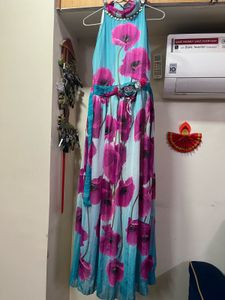 Fabulous Floral Printed Sleeveless Halter NeckGown