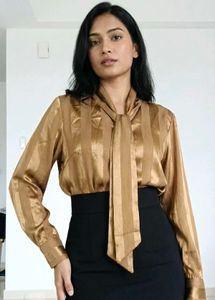 Brown Striped Tie Neck Blouse