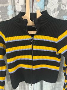 Striped Zip-Up Knit Cardigan