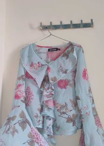 Sassafras Floral Ruffle Top – Sky Blue