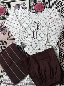 White &amp; Maroon Printed Kurti Set