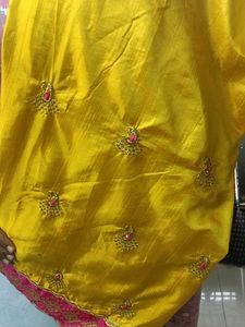 Yellow Silk Saree with Pink Embroidered Border