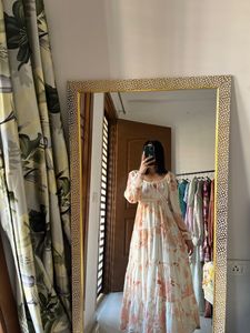 Peach-Cream Square Neck Midi Dress