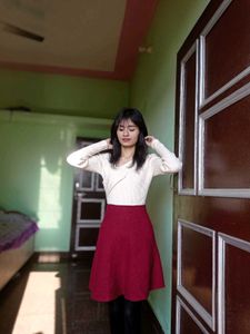 Burgundy A-Line Skirt And Cream Top For Winter