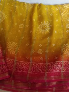 Yellow and Pink Bandhani Saree