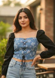 Korean Floral Denim Lace-up Corset Top