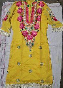 Yellow Kurti With Pink Embroidery