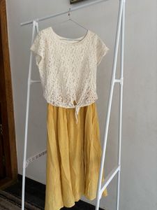 Lace Top & Mustard Midi Skirt Set