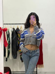 Blue And Grey Short Oversized Cardigan