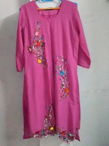 Pink And Rama Green Self Embroidered Kurta Set.