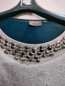 Grey &amp; Teal Embellished Top