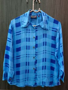 URBAN EHIE Cotton Checked Blue Shirt With Front Bu