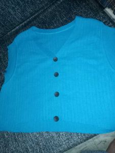 Blue Knit Button-Up Top