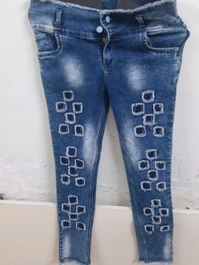 Blue Washed Patchwork Button Jeans
