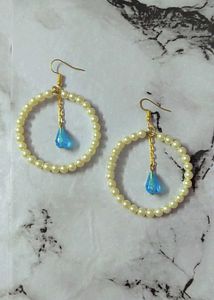 Pearl Hoop Earrings with Blue Accent