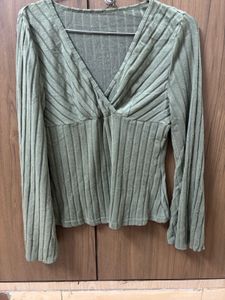 Scoop Neck Green Long Sleeve Woolen Pullover Top