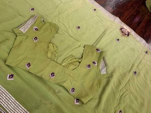 Olive Green Saree-Intricate Embroidery &amp; Blouse