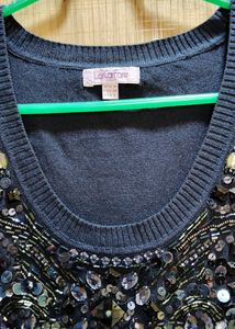 Navy Blue Wool Heavy Neck Work Top Style T-shirt