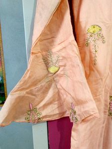 Peach Embroidered Long Frock With Suit
