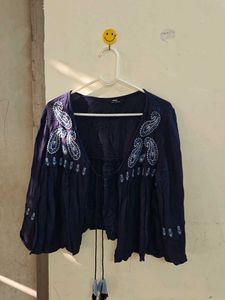 Blue Embroidered Open Front Top