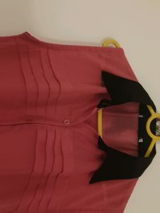 Sleeveless Coral Pink Shirt with Black Collar