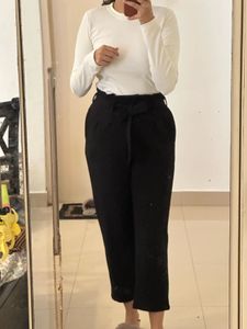 Black High-Waist Paperbag Pants with Tie-Belt