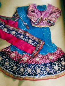 Blue &amp; Pink Embroidered Indian Lehenga Set