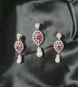 AD Diamond with Pure Pearl &amp; Ruby Pendant Set