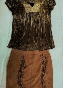 Fringed Brown  leather Skirt golden top combo.