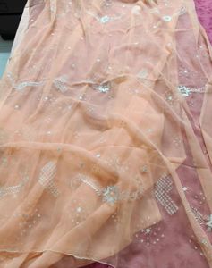 Women Peach Embroidered Georgette Saree